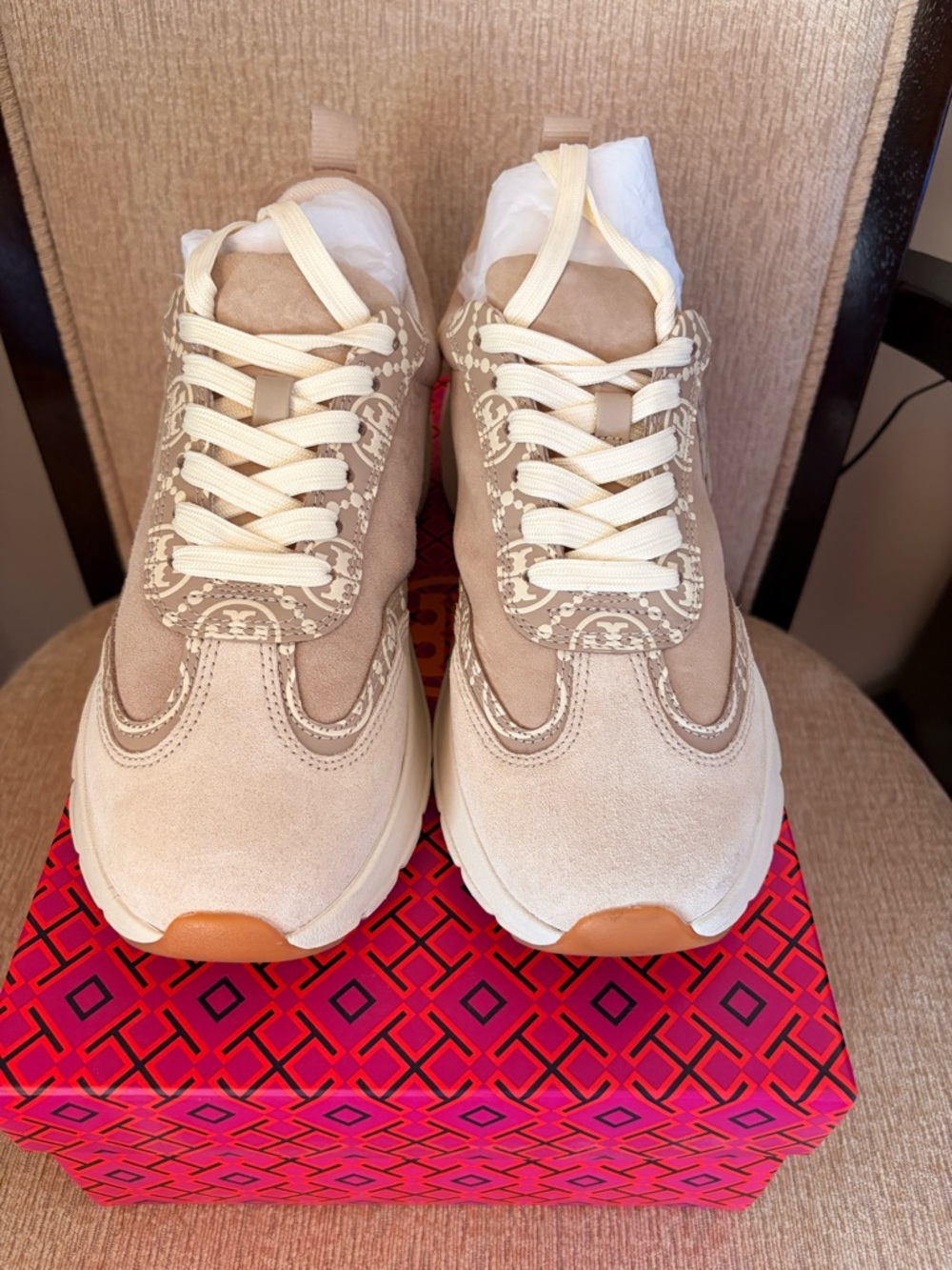 Tory Burch Neutral Suede & Canvas Logo Lace-Up Sneakers with Cream Laces